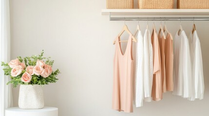 Neutral Wardrobe Clothes Hanging, Pink Roses Decor, Closet ,Organizer