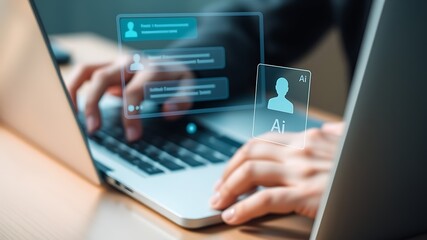 Person typing on laptop with ai interface computer technology