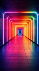 Vibrant neon tunnel illuminated in multiple colors, creating a stunning visual effect at night