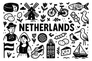 Netherlands culture icons with windmills, food, and traditions in sketch style, Transparent Background