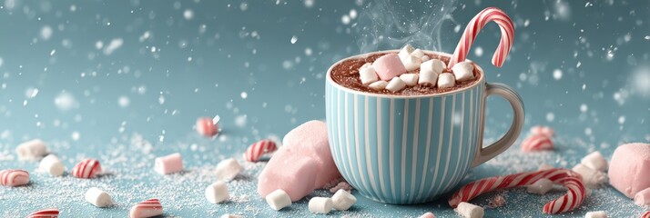 Cozy winter beverage with hot chocolate, marshmallows, and peppermint treats on a snowy background