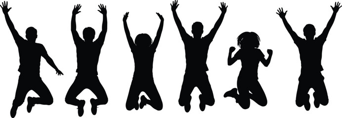 Group of people jumping in celebration, silhouette artwork, joyful pose design, fun and excitement illustration, energetic posture vector, happiness concept