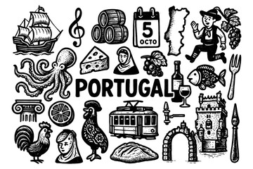 Portuguese cultural icons with food, landmarks, and traditions in vintage engraving style, Transparent Background