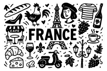 French culture icons with food, fashion, and landmarks in ink style, Transparent Background