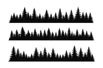 Forest tree silhouette rows with mixed foliage in flat black style, Transparent Background