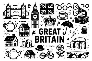 British cultural icons with landmarks, tea, and traditional symbols in vintage engraving style, Transparent Background