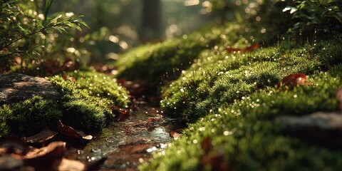 Serenity found in a forest stream surrounded by lush greenery and a carpet of moss during early morning light