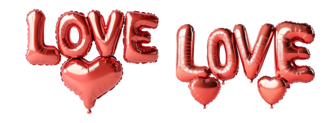 Set of red foil balloon letters forming the word LOVE isolated on white transparent background. Romantic celebration and Valentine's Day concept
