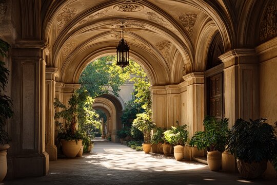 Elegant stone archway corridor with ornate vaulted ceilings, vintage lantern, and lush potted plants bathed in warm natural sunlight leading to a garden.