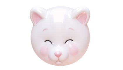 Glossy White Bear Head with Pink Cheeks and Nose Isolated on Transparent Background 3D Rendered Icon Design Element Cute Soft and Playful