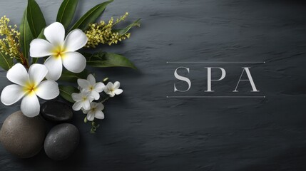 Beautiful spa background with the text "Spa" on a black wall, white flowers, and rocks for relaxation in a beauty salon concept. Top view, flat lay, commercial, stock photo.