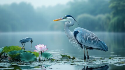 Naklejka premium Great Blue Heron in Pond with Lotus Flowers