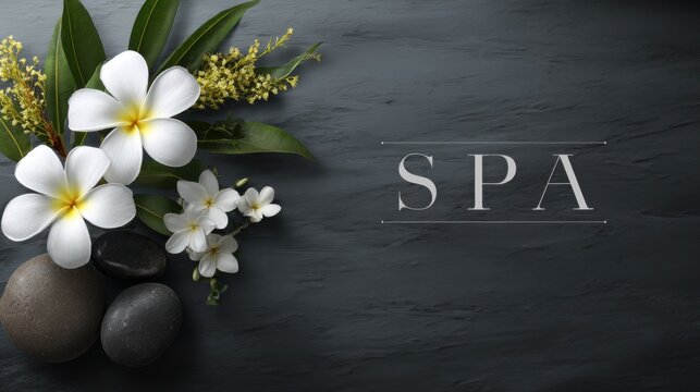 Beautiful spa background with the text "Spa" on a black wall, white flowers, and rocks for relaxation in a beauty salon concept. Top view, flat lay, commercial, stock photo. 
