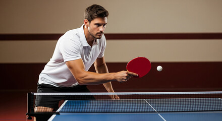 Focused male table tennis player in a white shirt striking the ball during a match