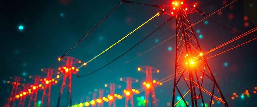 Abstract digital rendering of electricity grid, cost analysis, energy efficiency, and financial metrics,   energy security,   business intelligence