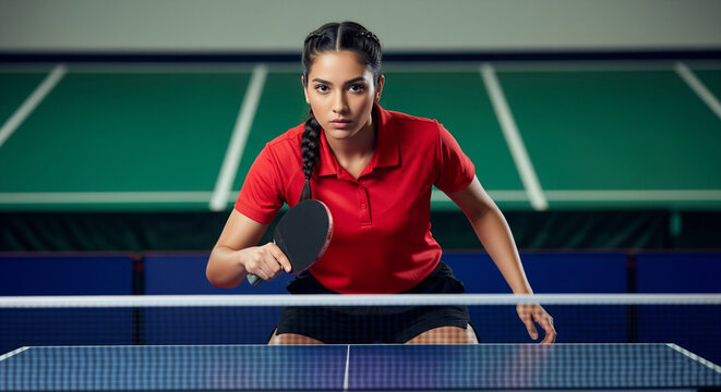 Focused female table tennis player in a red shirt ready to serve during a match