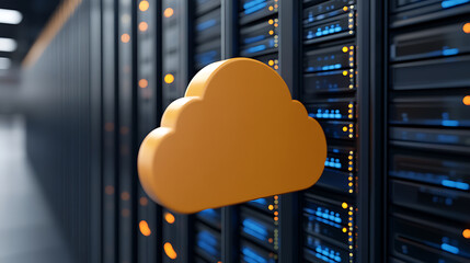 Data storage visualized as a cloud icon floating in a server room. Illustrates cloud computing and networked information systems.