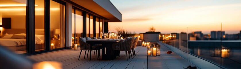 Sunset Rooftop Dining Elegant Outdoor Table Setting with City View, outdoor decor, cityscape