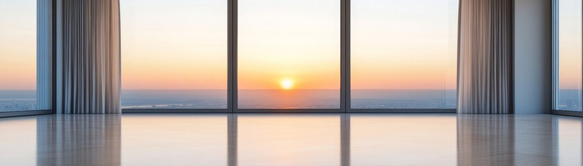 Sunset View from Modern Apartment with Large Windows, minimalism , interior design