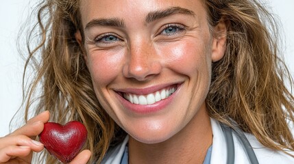 Happy female doctor holding red heart, healthcare and medical concept