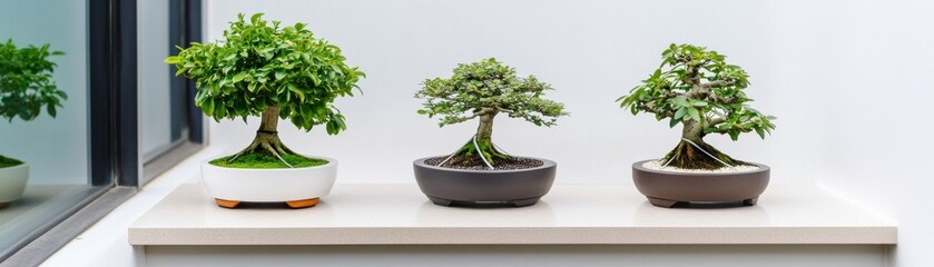 Three Potted Bonsai Trees on Shelf, White Background, Zen , Miniature tree
