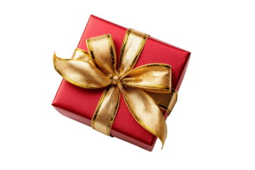 Perspective view of a festive red gift box with shiny gold ribbon and big bow on white background.