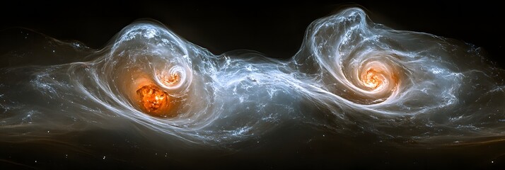 A panoramic view of two swirling nebulae with orange centers against a dark cosmic background