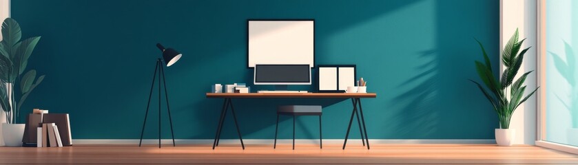 Teal Office Minimalist Desk with Monitor, Lamp and Plants, Interior design , Workspace