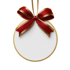 White circular gift tag with golden edge and red bow ribbon on white background.