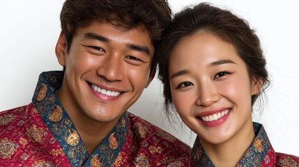 Smiling korean couple wearing traditional hanbok clothing