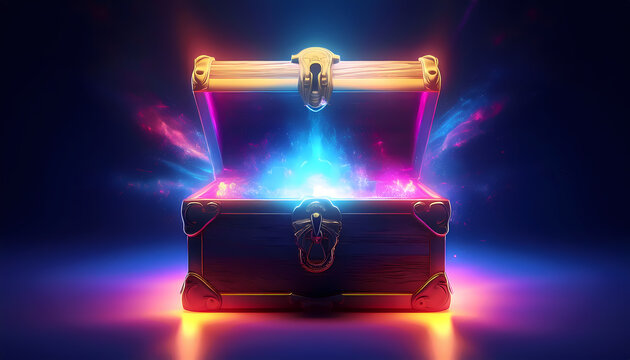 A beautifully rendered treasure chest bursts open in a vibrant explosion of glowing blue