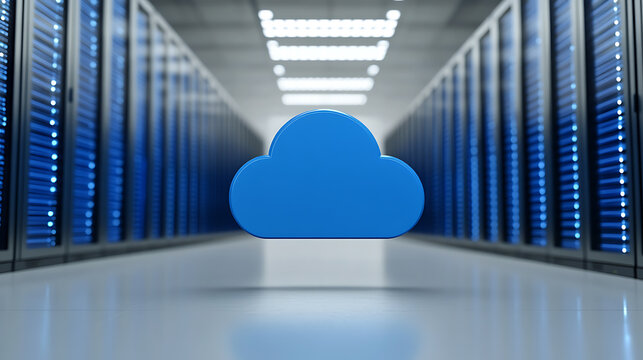 Cloud Computing: A blue cloud symbol in a server room represents cloud computing. Data storage and processing in a secure, central infrastructure. Modern IT. - Powered by Adobe