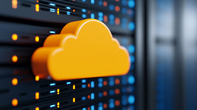 Cloud Data Storage: An orange cloud symbol rests on a server rack with blue and orange lights, representing digital network infrastructure. - Powered by Adobe