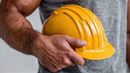 Construction worker holding yellow hard hat on hip