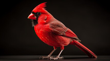 Northern cardinal bird standing on dark surface with black background