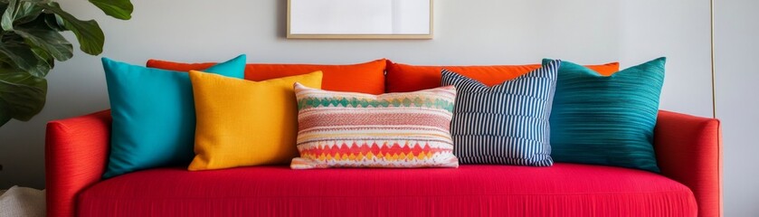 Vibrant Couch with Colorful Pillows and Wall Art - Interior Decor, Home Design
