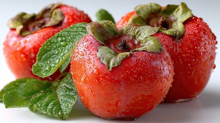 Fresh persimmon fruits with water droplets and green leaves resting on white background