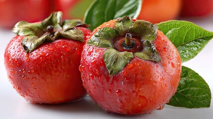 Fresh persimmon fruits with water droplets and green leaves resting on white background