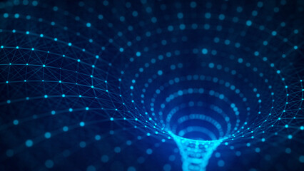 Technology wireframe circle tunnel on blue background. Futuristic 3D wormhole grid. Big data visualization. 3D rendering.