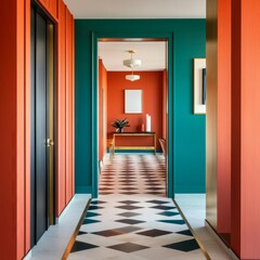 Vibrant Hallway Orange Walls, Emerald Door Frame, Checkerboard Floor, interior , design