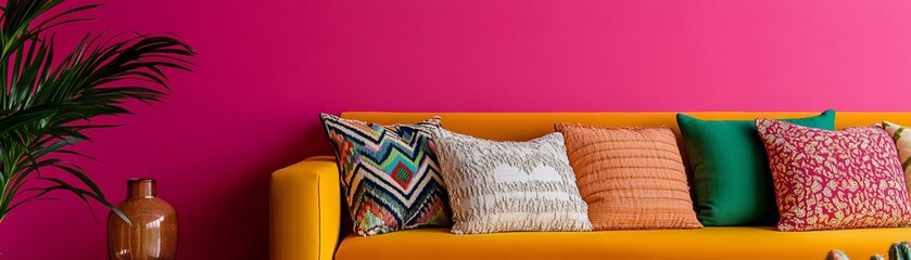 Vibrant Interior Yellow Sofa with Colorful Pillows, Pink Wall, Plant Detail, Home Decor, bohemian