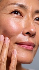 Mature woman gently touching face showing skin texture