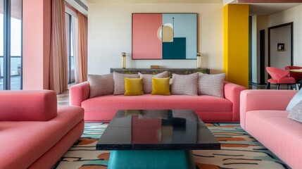 Vibrant Living Room with Coral Sofa, Geometric Artwork, Modern Interior ,Home Decor