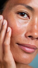 Mature woman gently touching face showing skin texture