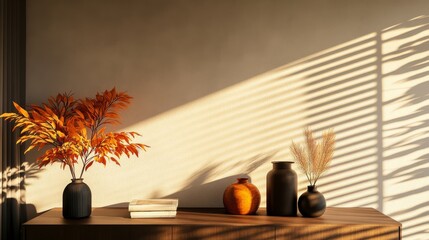 Warm Interior Scene Vases, Foliage and Blinds Shadow Decor, Interior Design