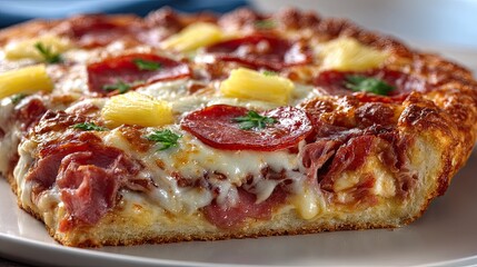 Delicious slice of cheesy pepperoni pizza isolated on white background