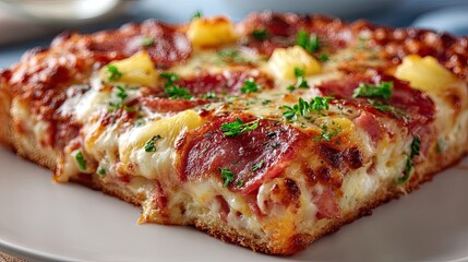 Delicious slice of cheesy pepperoni pizza isolated on white background