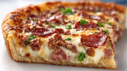 Delicious slice of cheesy pepperoni pizza isolated on white background