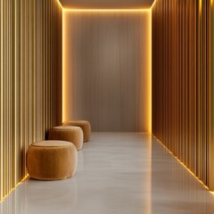 Warm Wood Corridor with Stools, Modern Lighting, interior, design