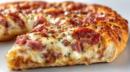 Delicious slice of meat lovers pizza presenting pepperoni, sausage, and bacon
